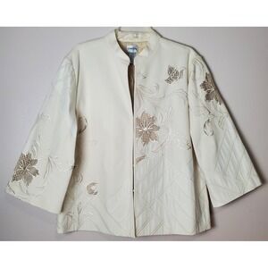 Chico's 3 XL Ivory Neutral Embroidered Floral Spring Summer Jacket 3/4 Sleeves